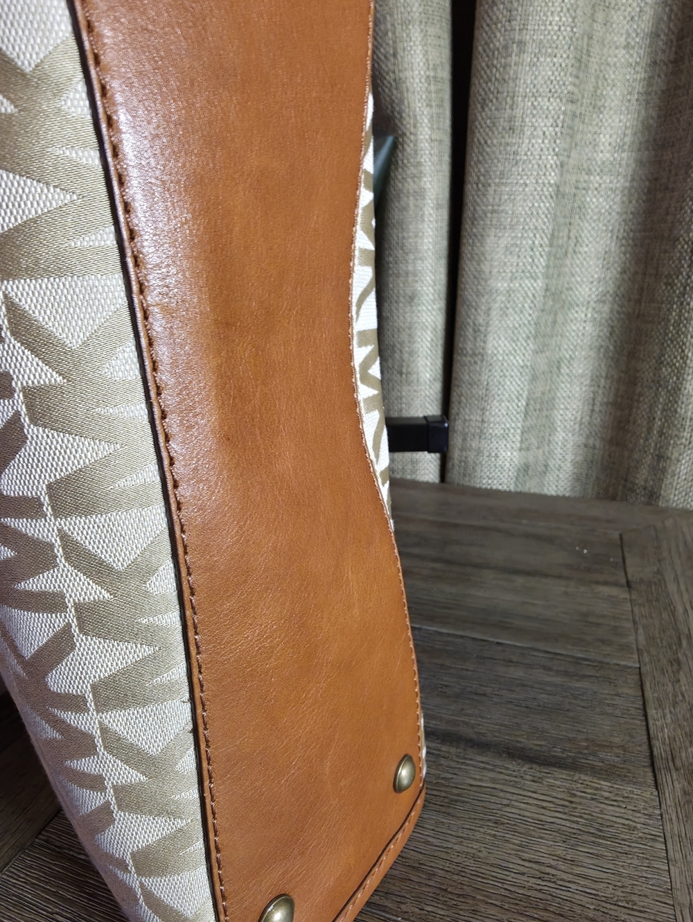 Michael Kors Beige Signature Logo Satchel with Brown Leather Trim - Picture 11 of 13